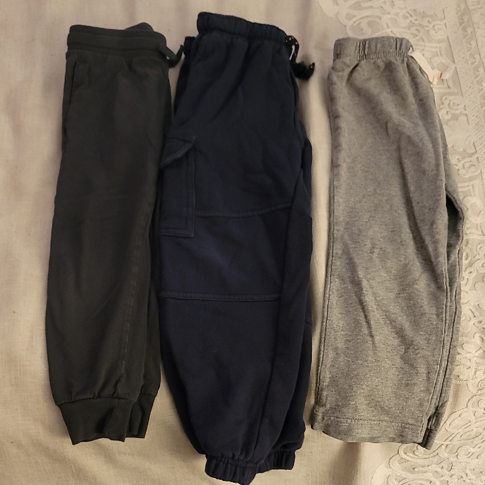 3 Pairs Kids Jogger Pants Set - Black, Navy, and Gray, Size 4/4T